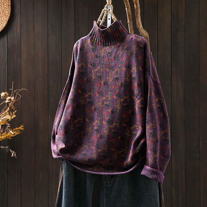 Sweter damski z dzianiny bawełnianej z długim rękawem i golfem, z motywem roślinnym i kamieniami Buddha Stones - Ciemna Magenta - US4-6, UK/AU8-10, EU36-38 (F) - image 6