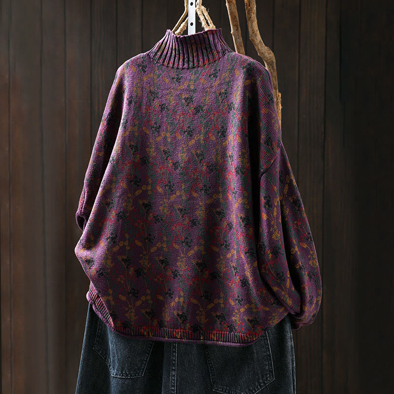 Sweter damski z dzianiny bawełnianej z długim rękawem i golfem, z motywem roślinnym i kamieniami Buddha Stones - image 7