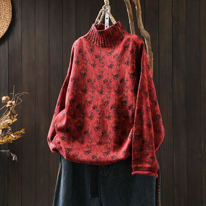 Sweter damski z dzianiny bawełnianej z długim rękawem i golfem, z motywem roślinnym i kamieniami Buddha Stones - Czerwony - US4-6, UK/AU8-10, EU36-38 (F) - image 20