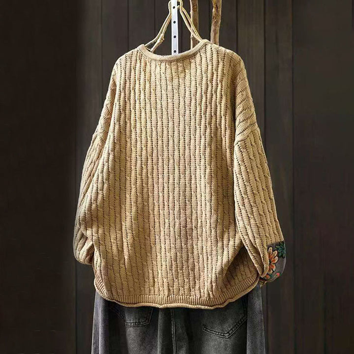 Sweter damski bawełniany z długim rękawem i okrągłym dekoltem w stylu patchworkowym z Buddha Stones - image 2