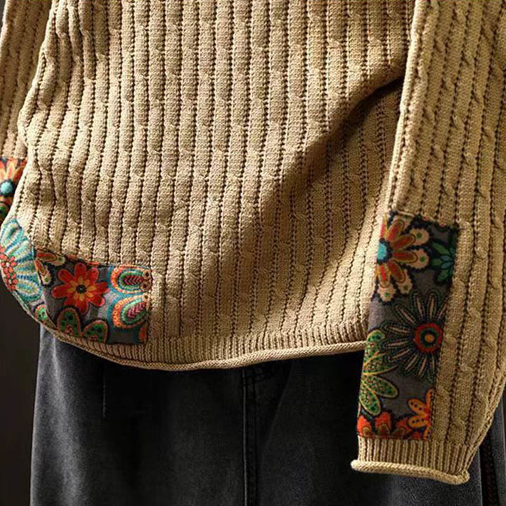 Sweter damski bawełniany z długim rękawem i okrągłym dekoltem w stylu patchworkowym z Buddha Stones - image 7