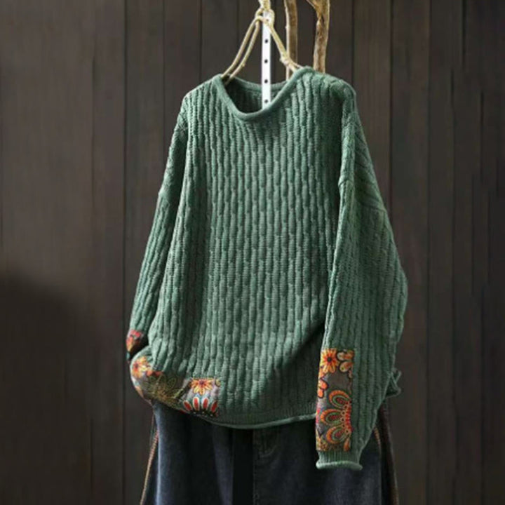 Sweter damski bawełniany z długim rękawem i okrągłym dekoltem w stylu patchworkowym z Buddha Stones - SeaGreen - US4-12, UK/AU8-16, EU36-44 (F) - image 0