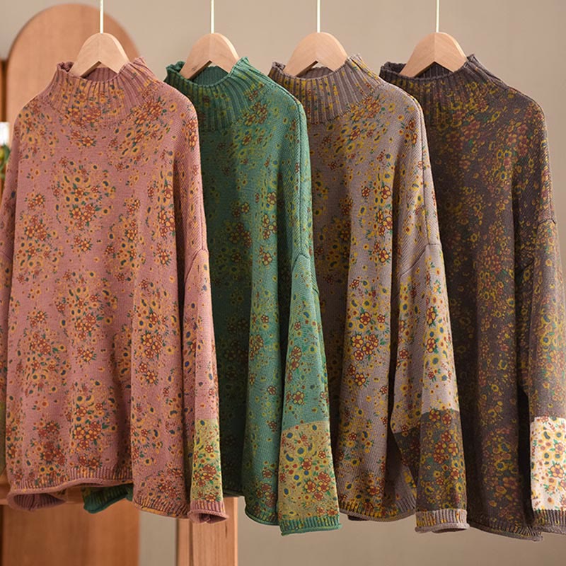 Sweter damski z dzianiny bawełnianej z długim rękawem i nadrukiem w kwiaty w jesiennym stylu "Buddha Stones" - image 19