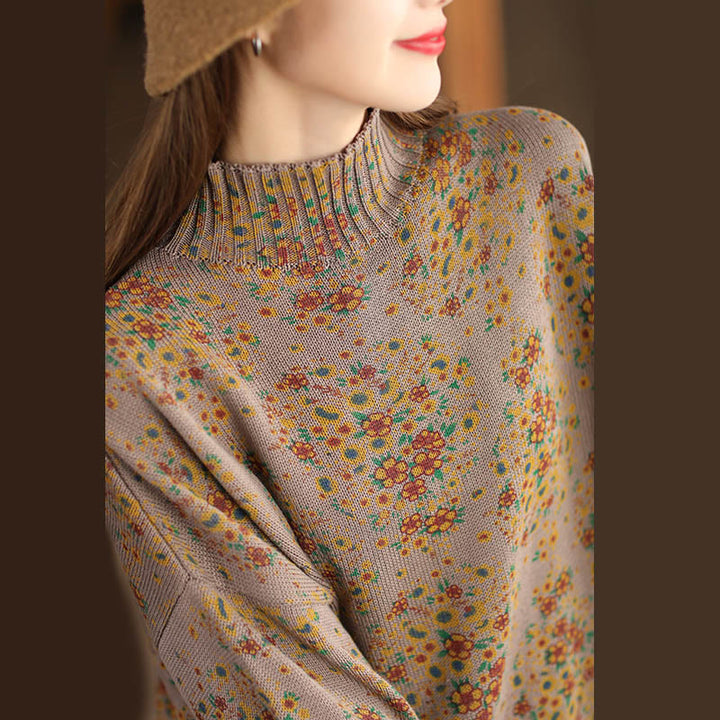 Sweter damski z dzianiny bawełnianej z długim rękawem i nadrukiem w kwiaty w jesiennym stylu "Buddha Stones" - image 14