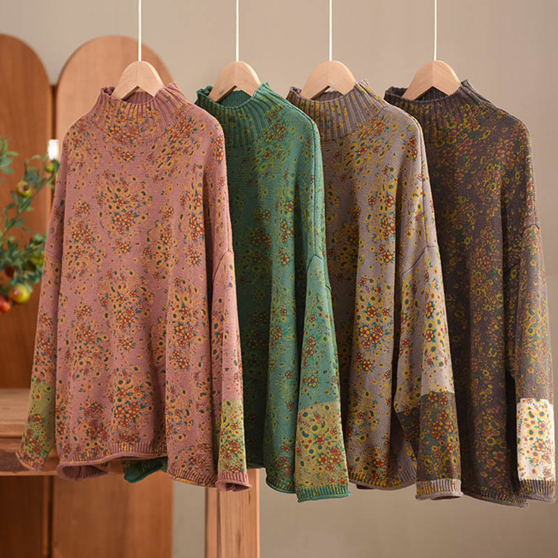 Sweter damski z dzianiny bawełnianej z długim rękawem i nadrukiem w kwiaty w jesiennym stylu "Buddha Stones" - image 20