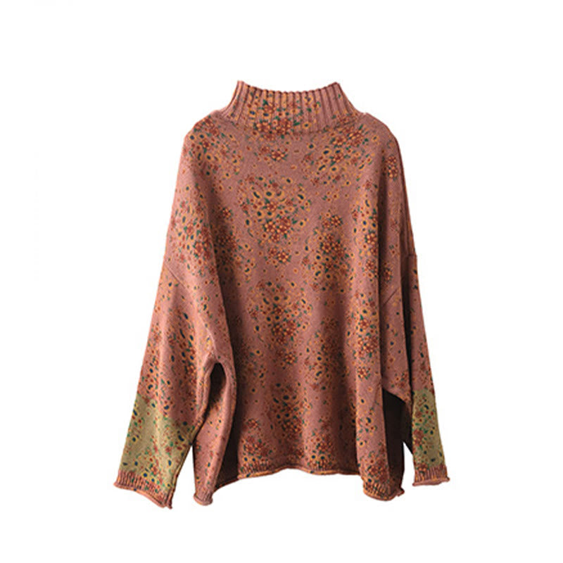 Sweter damski z dzianiny z długim rękawem i golfem, z nadrukiem jesiennych Buddha Stones w kwiaty - image 9