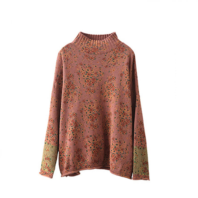 Sweter damski z dzianiny z długim rękawem i golfem, z nadrukiem jesiennych Buddha Stones w kwiaty - image 8
