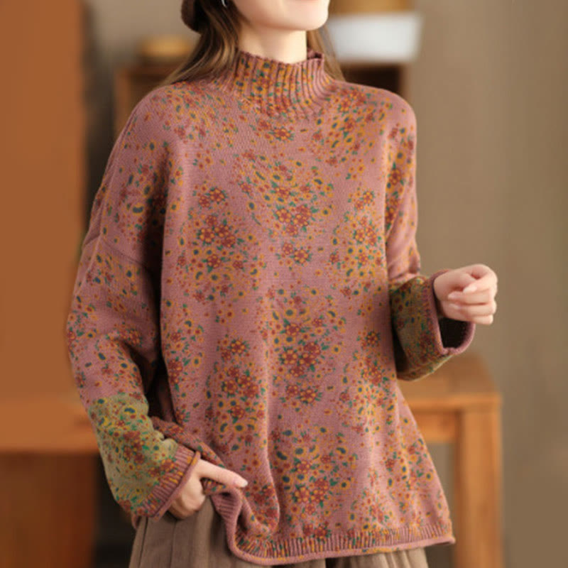 Sweter damski z dzianiny z długim rękawem i golfem, z nadrukiem jesiennych Buddha Stones w kwiaty - SandyBrown - US4-12, UK/AU8-16, EU36-44 (F) - image 0