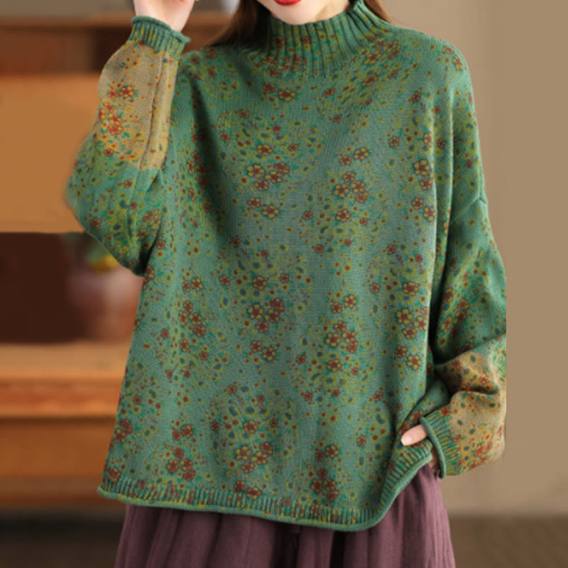 Sweter damski z dzianiny z długim rękawem i golfem, z nadrukiem jesiennych Buddha Stones w kwiaty - SeaGreen - US4-12, UK/AU8-16, EU36-44 (F) - image 15