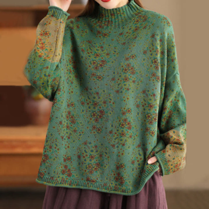 Sweter damski z dzianiny z długim rękawem i golfem, z nadrukiem jesiennych Buddha Stones w kwiaty - SeaGreen - US4-12, UK/AU8-16, EU36-44 (F) - image 15