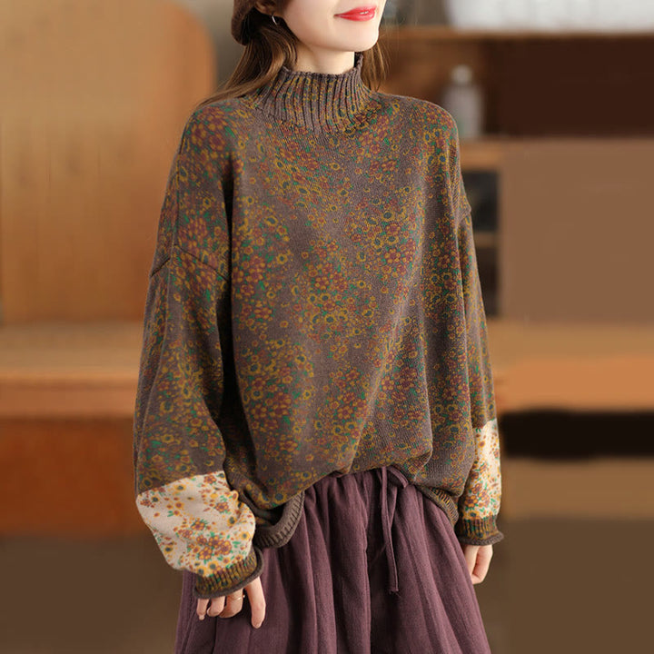 Sweter damski z dzianiny z długim rękawem i golfem, z nadrukiem jesiennych Buddha Stones w kwiaty - SaddleBrown - US4-12, UK/AU8-16, EU36-44 (F) - image 18
