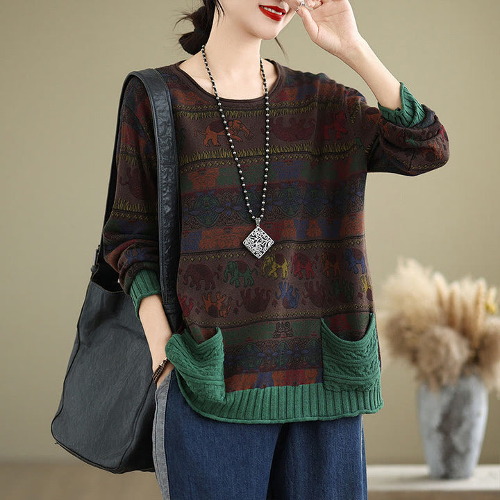 Sweter damski z długim rękawem i kieszeniami, dzianinowy, z dzianiny bawełnianej z motywem słonia i Buddha Stones - SaddleBrown - US4-6, UK/AU8-10, EU36-38 (F) - image 13