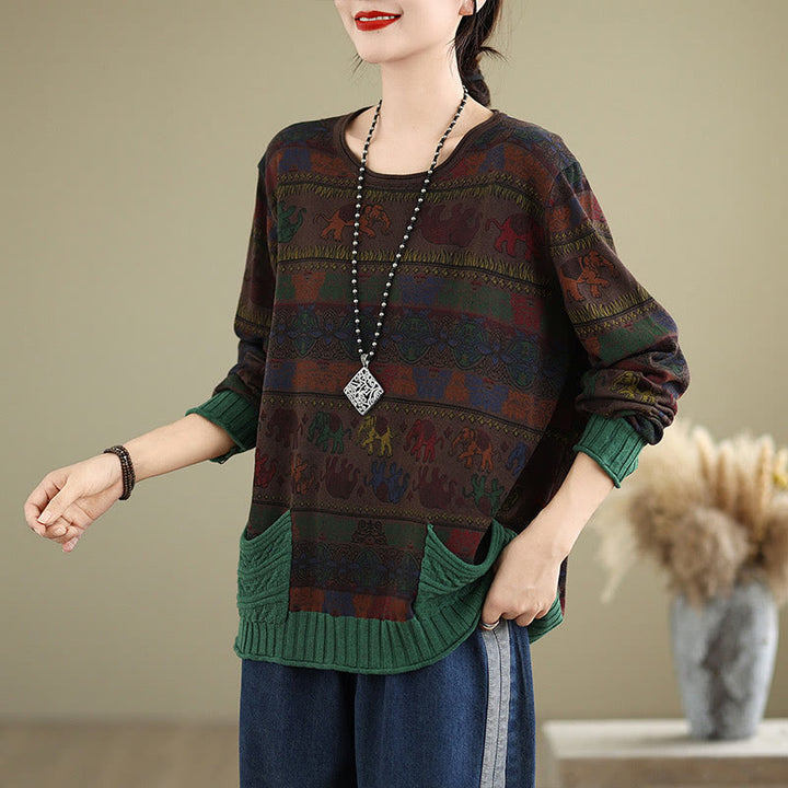 Sweter damski z długim rękawem i kieszeniami, dzianinowy, z dzianiny bawełnianej z motywem słonia i Buddha Stones - image 16