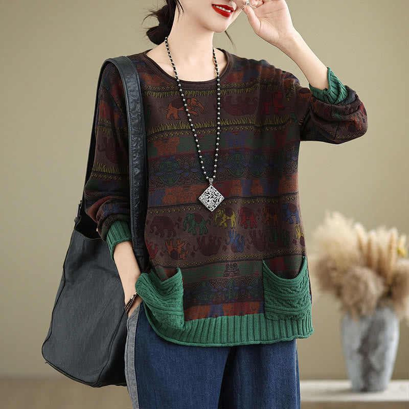 Sweter damski z długim rękawem i kieszeniami, dzianinowy, z dzianiny bawełnianej z motywem słonia i Buddha Stones - SaddleBrown - US4-6, UK/AU8-10, EU36-38 (F) - image 13