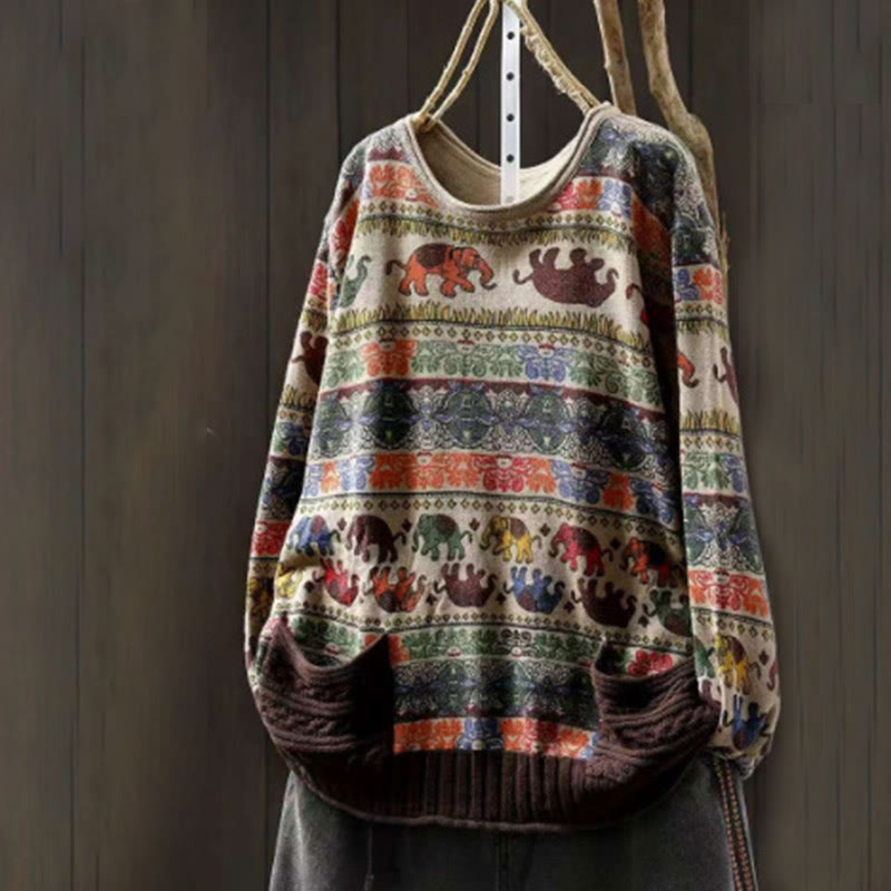 Sweter damski z długim rękawem i kieszeniami, dzianinowy, z dzianiny bawełnianej z motywem słonia i Buddha Stones - image 5