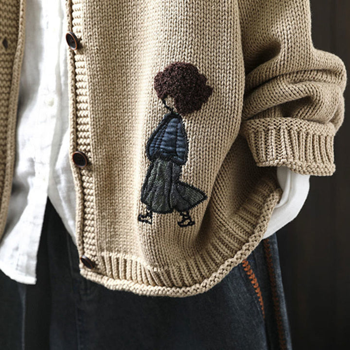 Sweter kardigan damski z długim rękawem i guzikami z motywem figur Buddha Stones z patchworku i bawełny - image 4