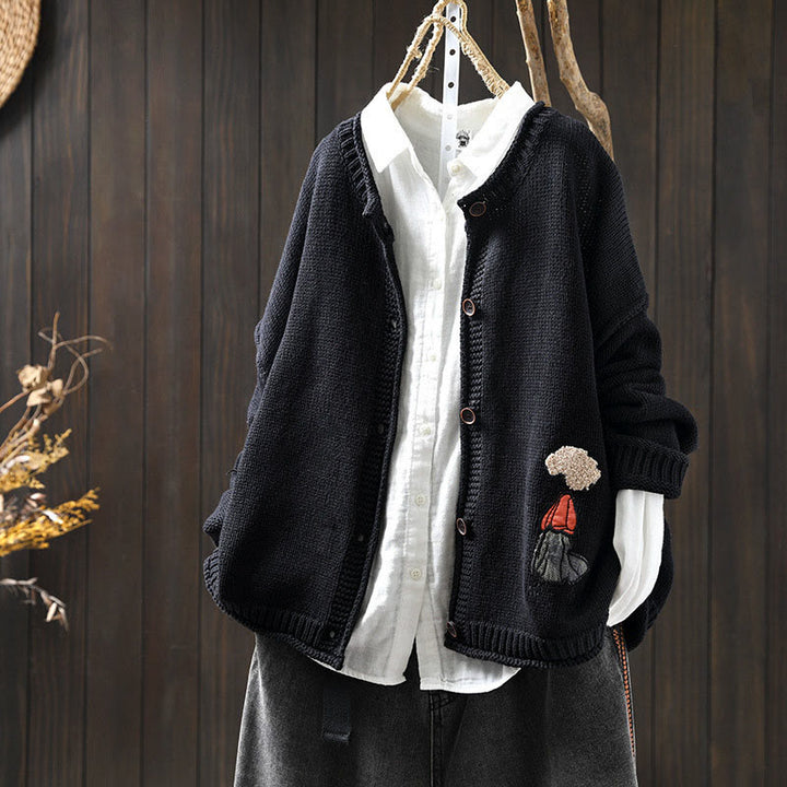 Sweter kardigan damski z długim rękawem i guzikami z motywem figur Buddha Stones z patchworku i bawełny - MidnightBlue - US4-6, UK/AU8-10, EU36-38 (F) - image 17