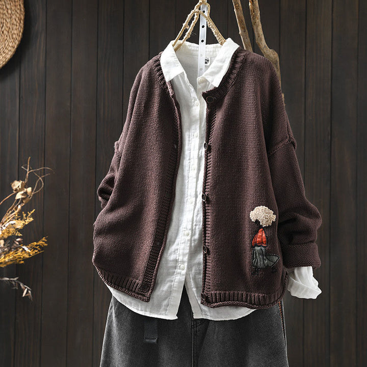 Sweter kardigan damski z długim rękawem i guzikami z motywem figur Buddha Stones z patchworku i bawełny - SaddleBrown - US4-6, UK/AU8-10, EU36-38 (F) - image 14