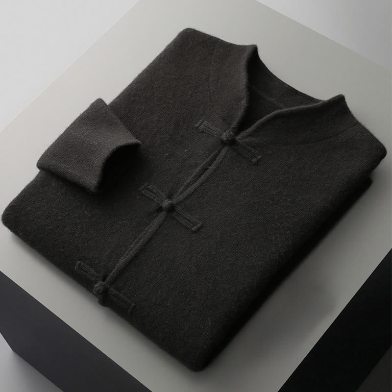 Męski sweter z długim rękawem z wełny z motywem Buddha Stones w jednolitym kolorze z chińskimi guzikami żaby - image 5