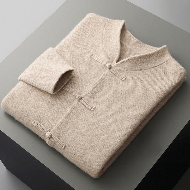 Męski sweter z długim rękawem z wełny z motywem Buddha Stones w jednolitym kolorze z chińskimi guzikami żaby - image 9