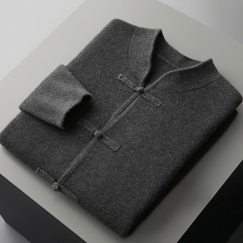 Męski sweter z długim rękawem z wełny z motywem Buddha Stones w jednolitym kolorze z chińskimi guzikami żaby - image 17