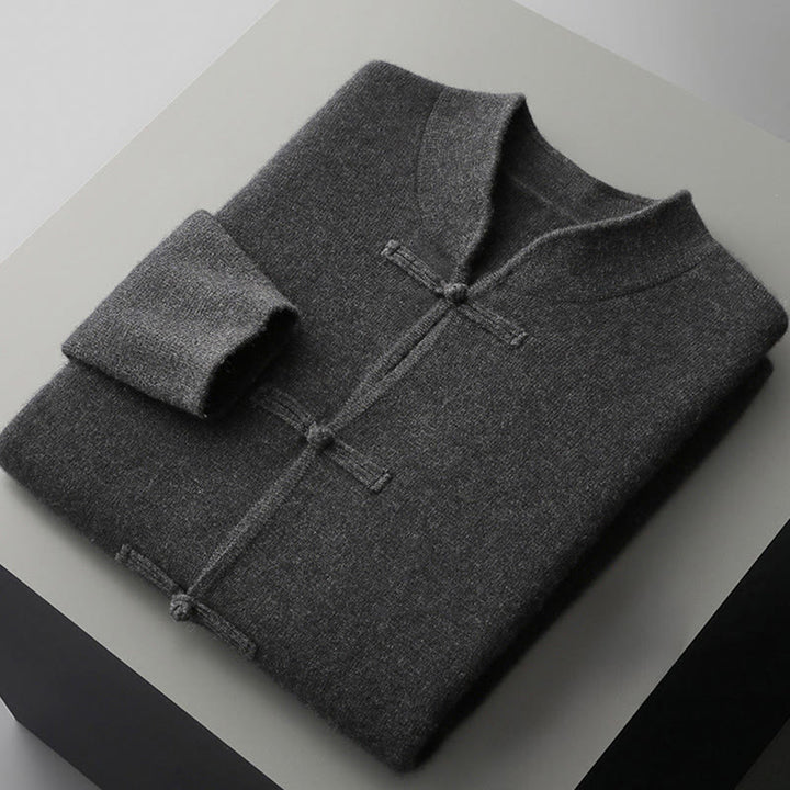 Męski sweter z długim rękawem z wełny z motywem Buddha Stones w jednolitym kolorze z chińskimi guzikami żaby - image 17