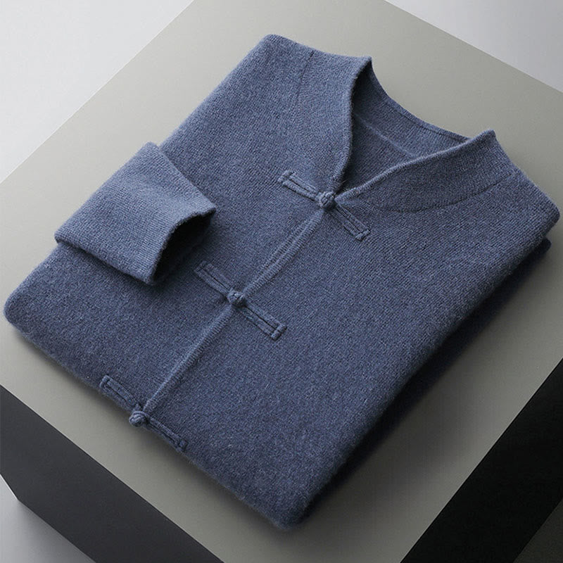 Męski sweter z długim rękawem z wełny z motywem Buddha Stones w jednolitym kolorze z chińskimi guzikami żaby - image 1