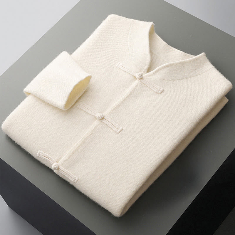 Męski sweter z długim rękawem z wełny z motywem Buddha Stones w jednolitym kolorze z chińskimi guzikami żaby - image 3