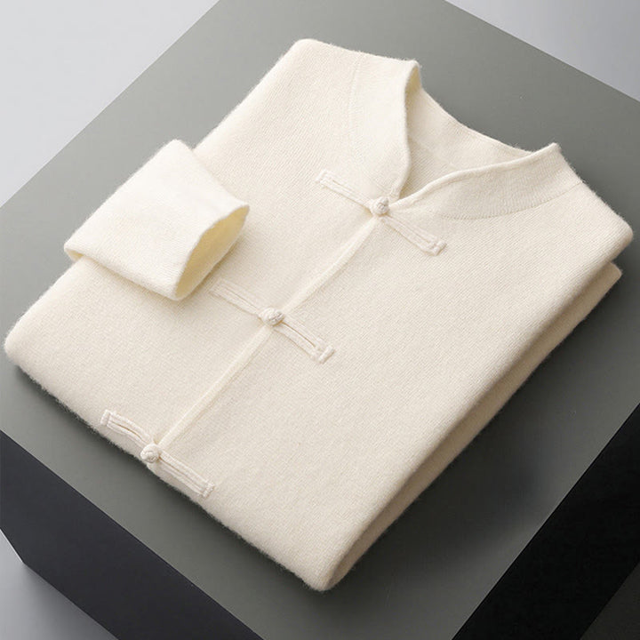 Męski sweter z długim rękawem z wełny z motywem Buddha Stones w jednolitym kolorze z chińskimi guzikami żaby - image 3