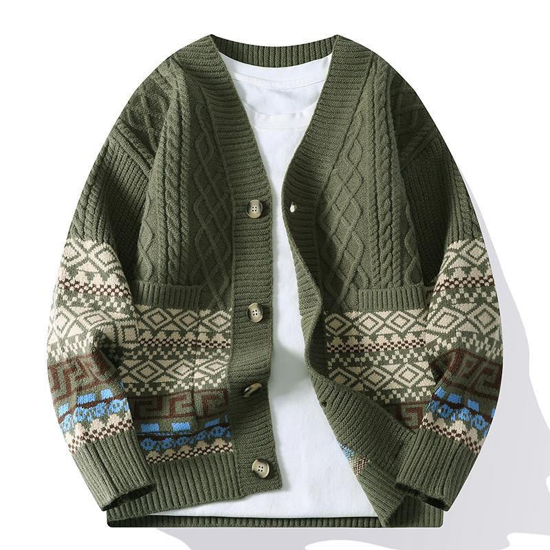 Sweter męski z długim rękawem i kieszeniami w stylu etnicznym z Buddha Stones - DarkOliveGreen - US/UK/AU44， EU54 (4XL) - image 9