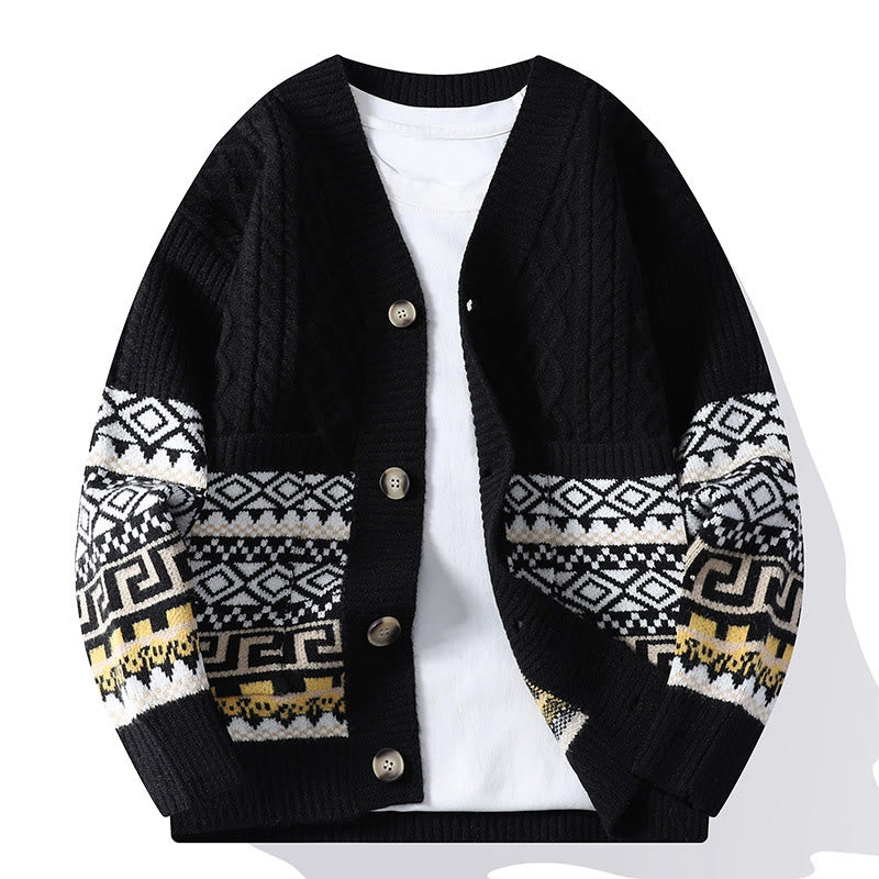 Sweter męski z długim rękawem i kieszeniami w stylu etnicznym z Buddha Stones - Czarny - US/UK/AU44， EU54 (4XL) - image 7