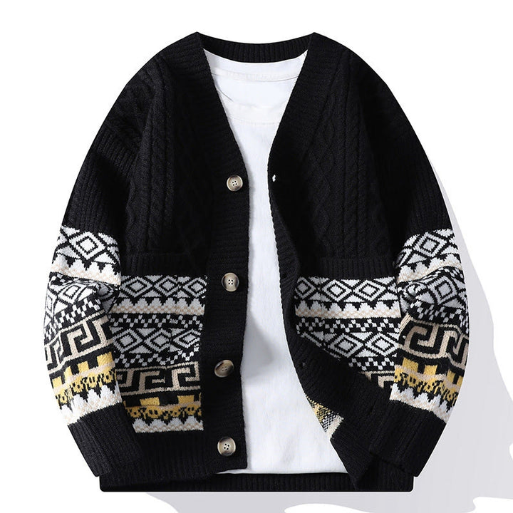 Sweter męski z długim rękawem i kieszeniami w stylu etnicznym z Buddha Stones - Czarny - US/UK/AU44， EU54 (4XL) - image 7