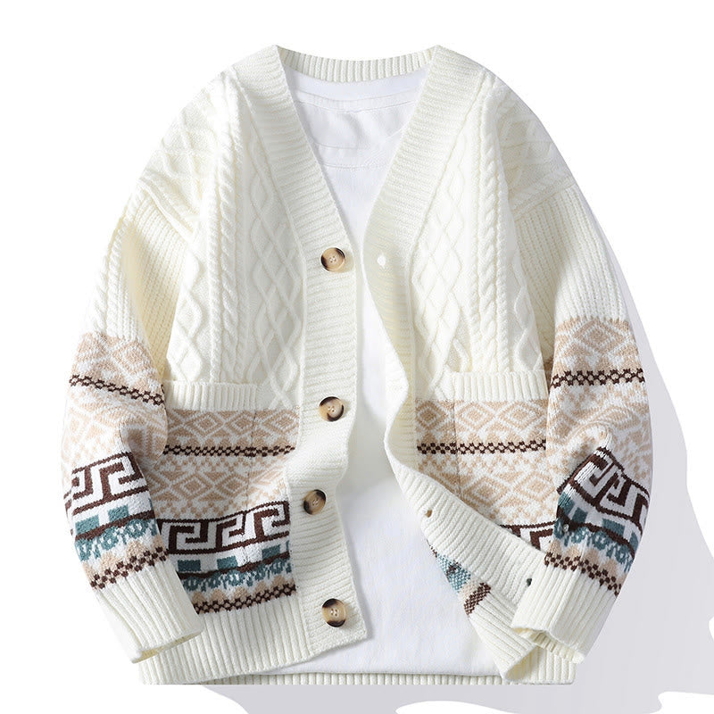 Sweter męski z długim rękawem i kieszeniami w stylu etnicznym z Buddha Stones - Biały - US/UK/AU44， EU54 (4XL) - image 0