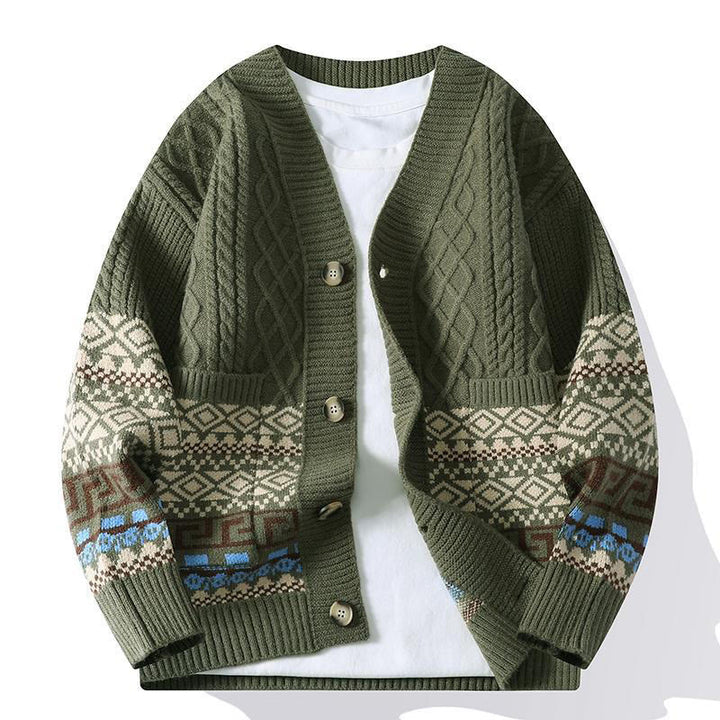 Sweter męski z długim rękawem i kieszeniami w stylu etnicznym z Buddha Stones - DarkOliveGreen - US/UK/AU44， EU54 (4XL) - image 9