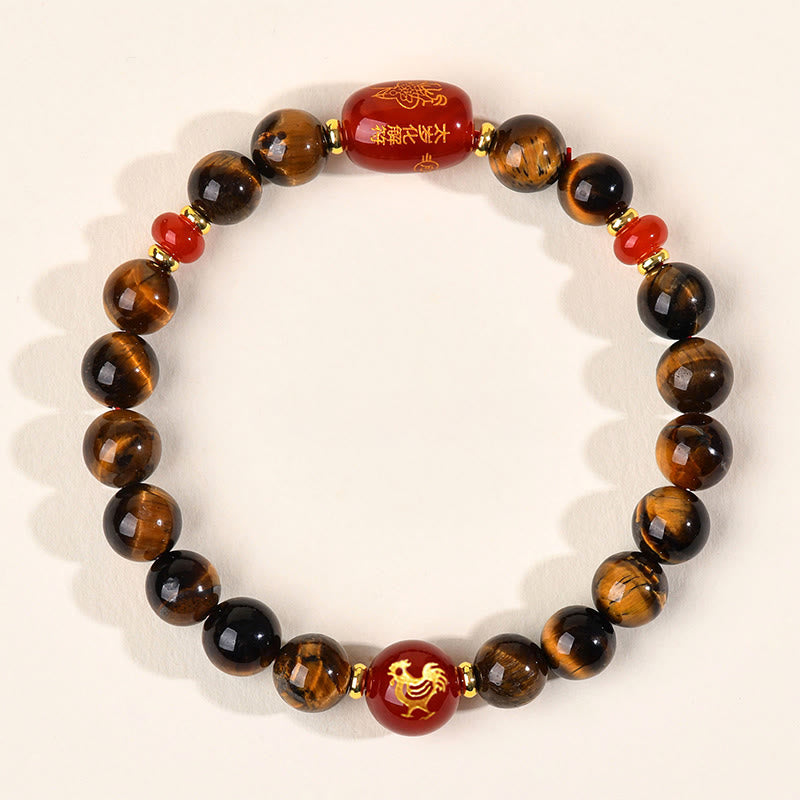 Bransoletka ochronna z 12 Buddha Stones z chińskiego znaku zodiaku, naturalnym tygrysim okiem i czerwonym agatem - 8 mm (obwód nadgarstka 14-16 cm) - Kogut - image 17