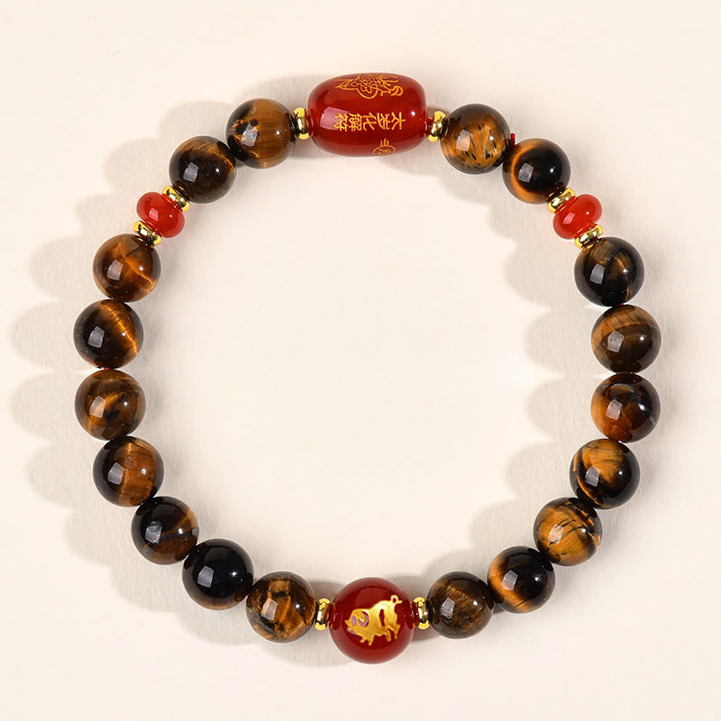 Bransoletka ochronna z 12 Buddha Stones z chińskiego znaku zodiaku, naturalnym tygrysim okiem i czerwonym agatem - 8 mm (obwód nadgarstka 14-16 cm) - Świnia - image 19