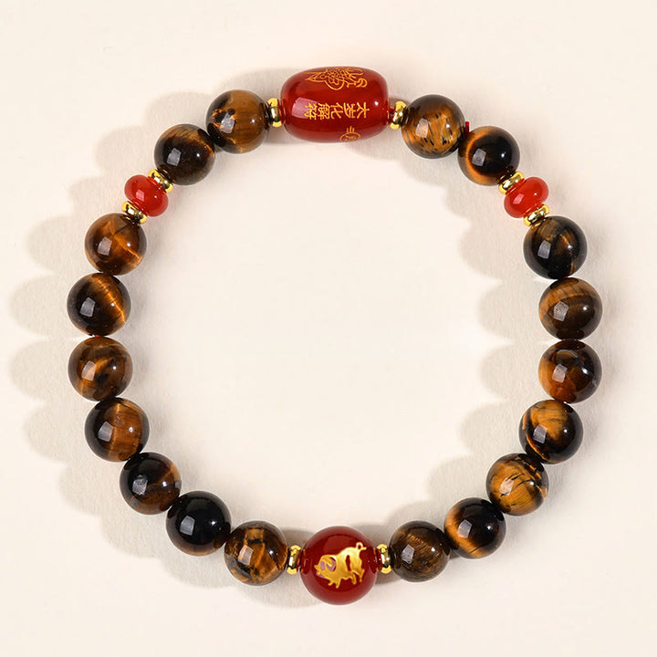 Bransoletka ochronna z 12 Buddha Stones z chińskiego znaku zodiaku, naturalnym tygrysim okiem i czerwonym agatem - 8 mm (obwód nadgarstka 14-16 cm) - Świnia - image 19