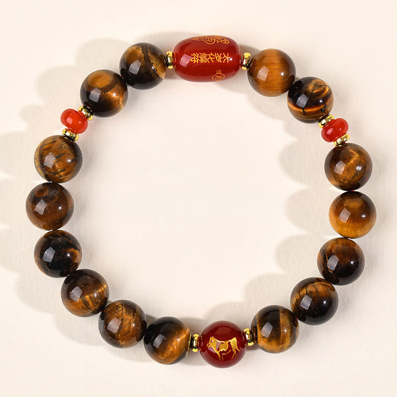 Bransoletka ochronna z 12 Buddha Stones z chińskiego znaku zodiaku, naturalnym tygrysim okiem i czerwonym agatem - 10 mm (obwód nadgarstka 16-17 cm) - Wół - image 21