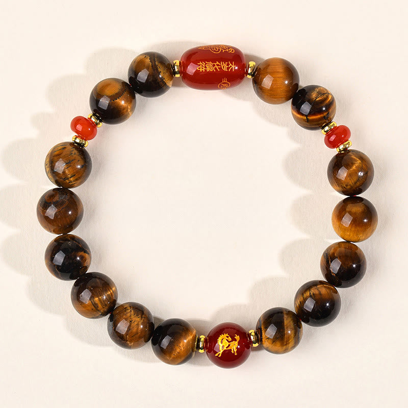 Bransoletka ochronna z 12 Buddha Stones z chińskiego znaku zodiaku, naturalnym tygrysim okiem i czerwonym agatem - 10 mm (obwód nadgarstka 16-17 cm) - Koń - image 26