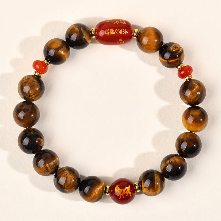 Bransoletka ochronna z 12 Buddha Stones z chińskiego znaku zodiaku, naturalnym tygrysim okiem i czerwonym agatem - 10 mm (obwód nadgarstka 16-17 cm) - Koza - image 28