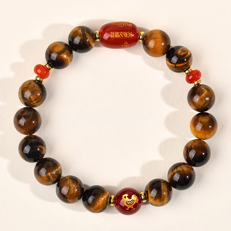 Bransoletka ochronna z 12 Buddha Stones z chińskiego znaku zodiaku, naturalnym tygrysim okiem i czerwonym agatem - 10 mm (obwód nadgarstka 16-17 cm) - Kogut - image 30