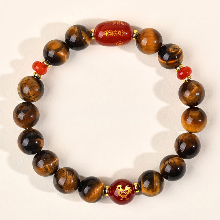 Bransoletka ochronna z 12 Buddha Stones z chińskiego znaku zodiaku, naturalnym tygrysim okiem i czerwonym agatem - 10 mm (obwód nadgarstka 16-17 cm) - Kogut - image 30