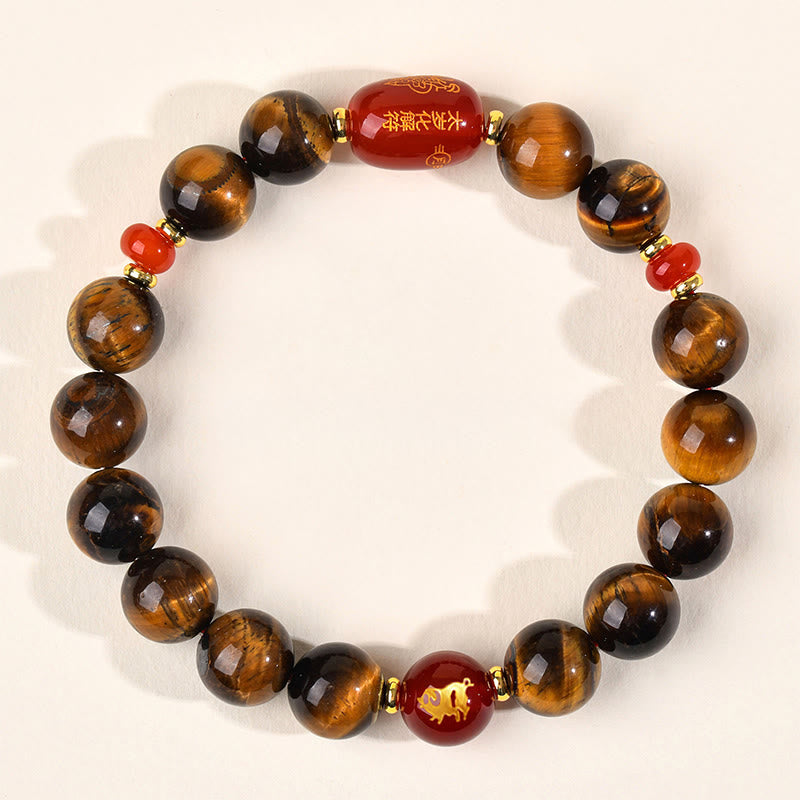 Bransoletka ochronna z 12 Buddha Stones z chińskiego znaku zodiaku, naturalnym tygrysim okiem i czerwonym agatem - 10 mm (obwód nadgarstka 16-17 cm) - Świnia - image 32