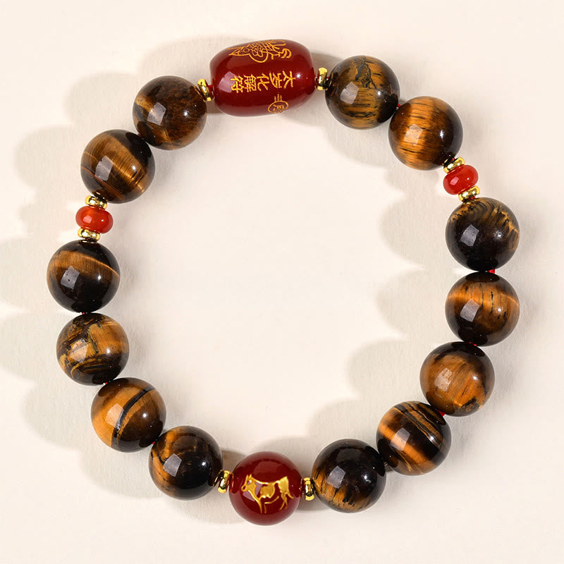 Bransoletka ochronna z 12 Buddha Stones z chińskiego znaku zodiaku, naturalnym tygrysim okiem i czerwonym agatem - 12 mm (obwód nadgarstka 17-18 cm) - Wół - image 34