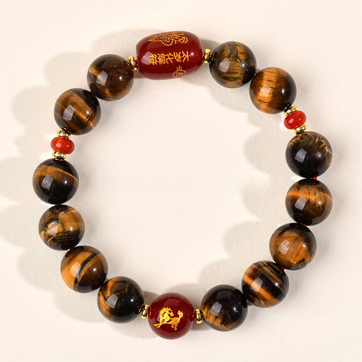 Bransoletka ochronna z 12 Buddha Stones z chińskiego znaku zodiaku, naturalnym tygrysim okiem i czerwonym agatem - 12 mm (obwód nadgarstka 17-18 cm) - Koń - image 39