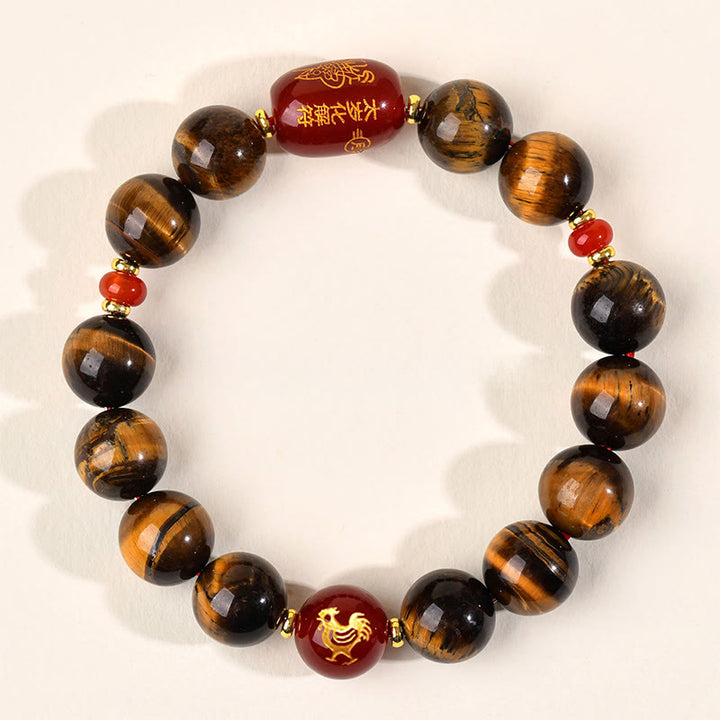 Bransoletka ochronna z 12 Buddha Stones z chińskiego znaku zodiaku, naturalnym tygrysim okiem i czerwonym agatem - 12 mm (obwód nadgarstka 17-18 cm) - Kogut - image 42