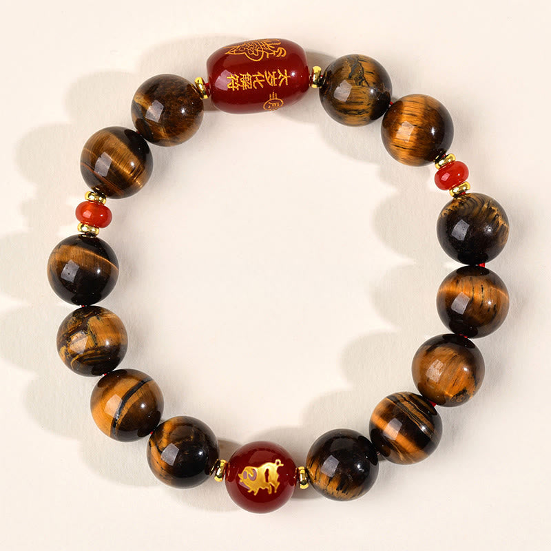 Bransoletka ochronna z 12 Buddha Stones z chińskiego znaku zodiaku, naturalnym tygrysim okiem i czerwonym agatem - 12 mm (obwód nadgarstka 17-18 cm) - Świnia - image 44