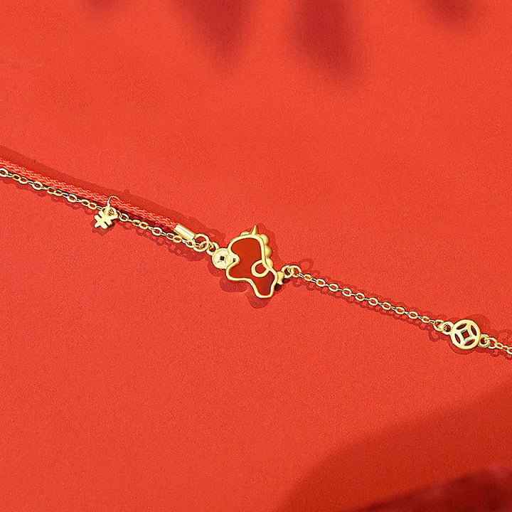 Bransoletka z Buddha Stones ze srebra próby 925, Rok Konia, czerwony sznurek, moneta z czerwonego agatu, przynosząca szczęście - Bransoletka Złoty Koń - image 7