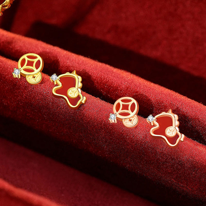 Kolczyki ochronne z asymetrycznymi Buddha Stones ze srebra próby 925 i czerwonym agatem z Roku Konia - image 7