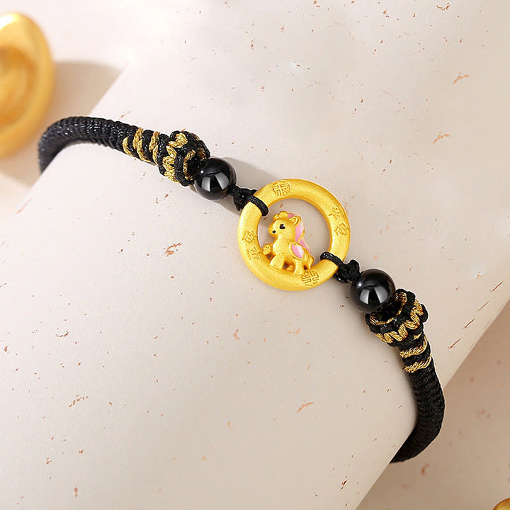 Bransoletka dla pary z zapięciem Peace Buckle Balance String z Buddha Stones ze srebra próby 925 i roku konia - Bransoletka z czarnego sznurka z koniem - image 1